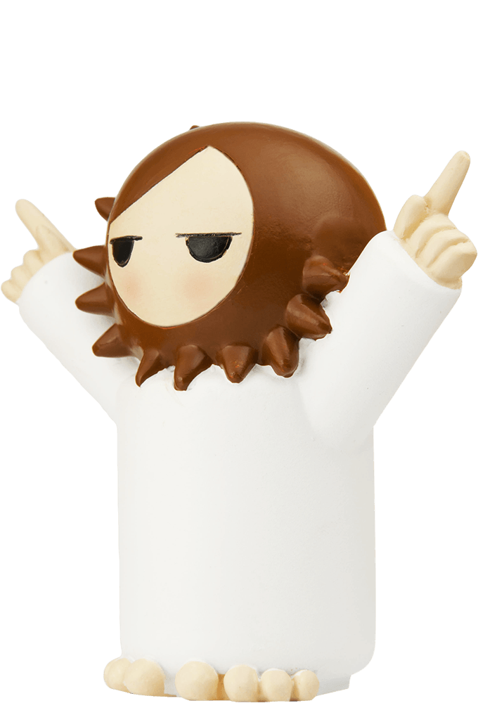 The Coming Soon Momiji doll has a brown spiky mane, a white robe, and both hands raised. A kawaii collectible with hidden message. — Momiji doll
