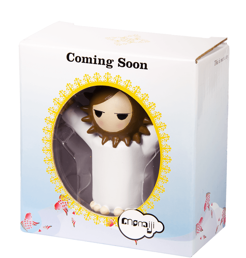 A Momiji doll with a lion mane in a gift box, surrounded by colorful fish and clouds; adorable and collectible character. — Momiji doll