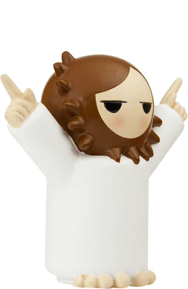 Coming Soon Momiji doll with a brown mane, white robe, arms raised and both index fingers pointing up; includes secret message slot. — Momiji doll