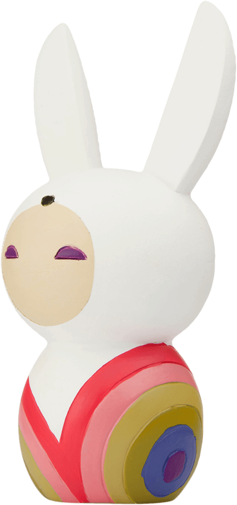 Busted Bunny Momiji doll: kawaii white bunny with long ears, closed eyes, and red-yellow details. Collectible with secret message. — Momiji doll