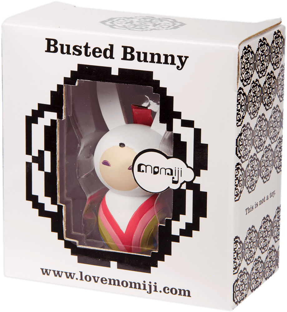 Busted Bunny Momiji doll in black and white display box with window, showing the kawaii character inside. — Momiji doll