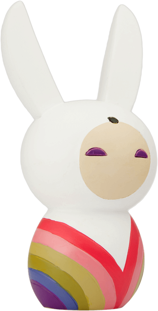Busted Bunny Momiji doll: white bunny with closed eyes, rainbow accents, adorable vinyl collectible hiding a secret message. — Momiji doll