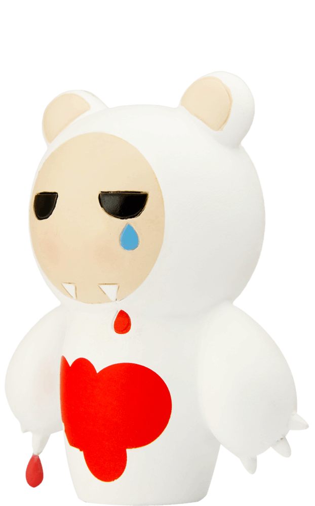 I don't care bear Momiji doll: kawaii white bear with red heart, blue teardrop and red droplets, hiding a secret message inside. — Momiji doll