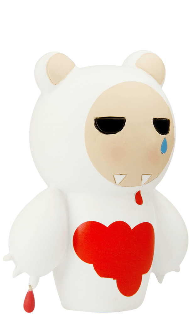 I don't care bear Momiji doll: white with two red hearts, one heart has a tear. Cute collectible character with hidden message. — Momiji doll