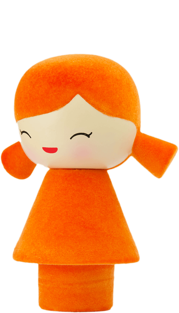 A smiling Momiji doll with orange hair in pigtails, an orange dress, and tiger details on a plain background. — Momiji doll
