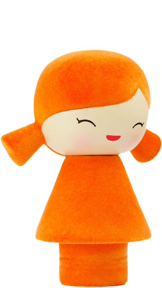 A Momiji doll with a tiger theme, orange hair and dress, a smiling face, and a minimalist kawaii design. — Momiji doll