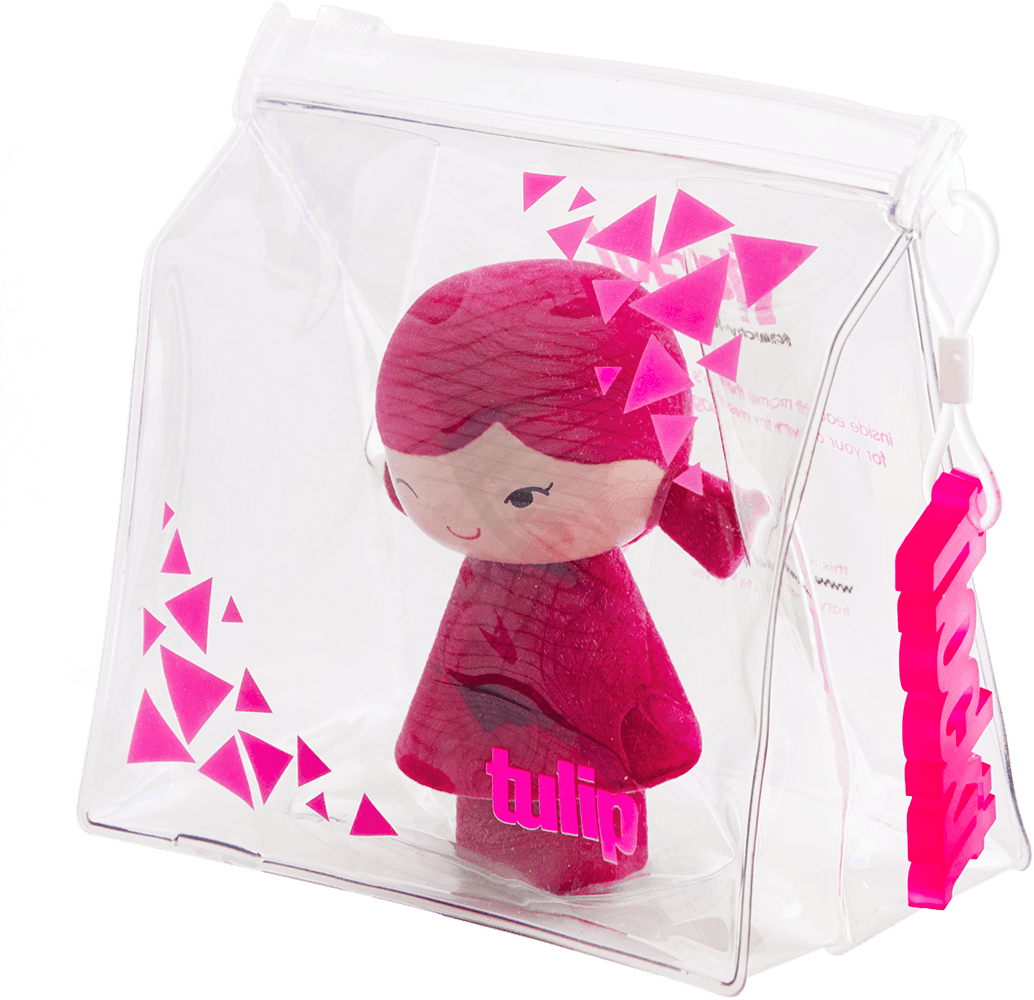 Momiji doll with ponytail in clear triangular box labeled "Tulip," pink accents on case; collectible, hides a secret message inside. — Momiji doll