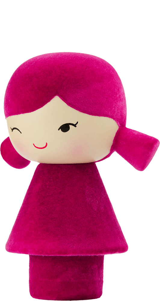 Tulip Momiji doll with bright pink hair and dress, winking and smiling, on a plain white background. — Momiji doll