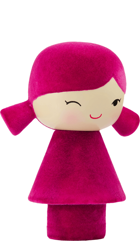 Tulip Momiji doll with magenta hair, matching dress, and a winking smile. Designed as a kawaii collectible character doll. — Momiji doll