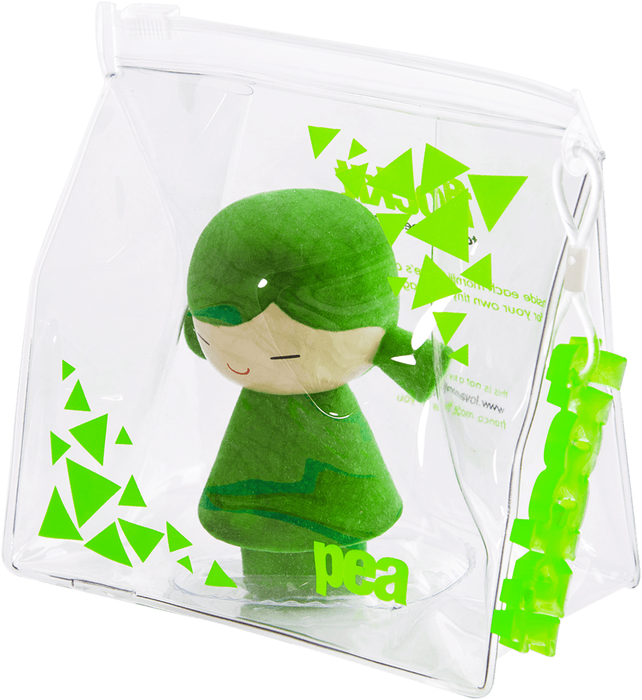 Pea Momiji doll, green with a smile, in a clear pouch with green triangles and "pea" text. Message hidden inside. — Momiji doll