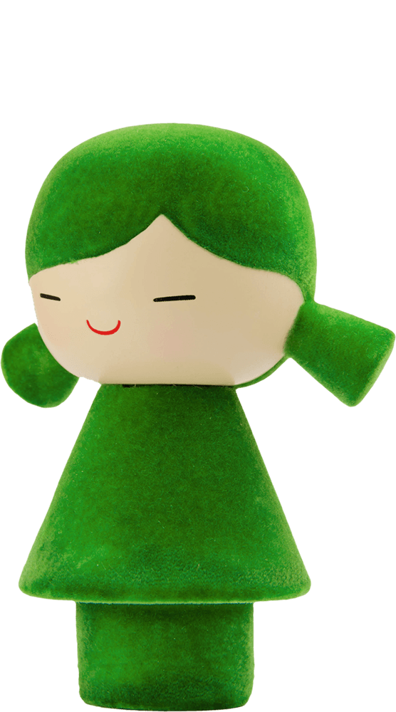 Pea Momiji doll with green pigtails, closed eyes, a simple smile, and a matching green dress; message slot hidden inside. — Momiji doll