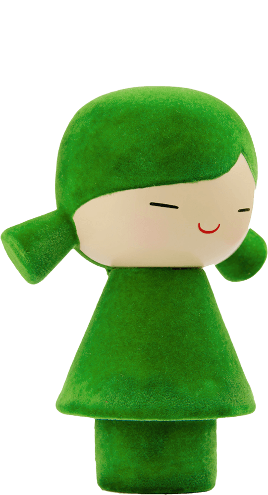 Pea Momiji doll: collectible, green, round head, smiling face, simple dress, two side puffs; holds a secret message inside. — Momiji doll