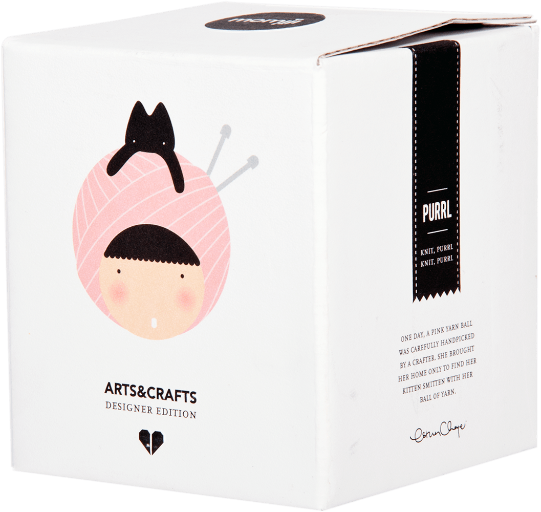 Purrl Momiji doll: A kawaii white box with a sweet face, wrapped in pink yarn, knitting needles, and cute character details. — Momiji doll