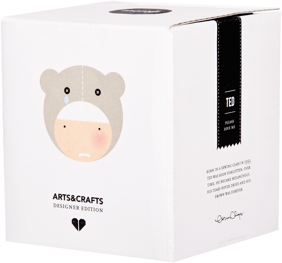 White box featuring a bear face, ARTS&CRAFTS DESIGNER EDITION, and label: Ted Please Love Me Momiji doll. — Momiji doll