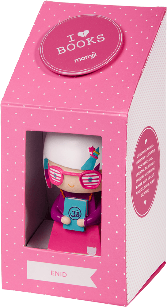 A pink polka dot box displays the Momiji doll "Enid" holding a book with "I ♥ Books" on top. — Momiji doll