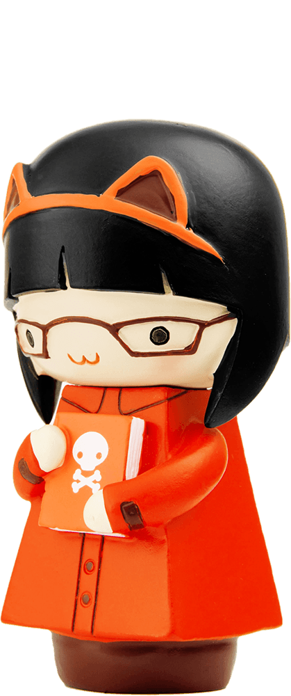 Clarice Momiji doll with glasses, cat ears, orange coat, holding a red book with a white skull on the cover. — Momiji doll