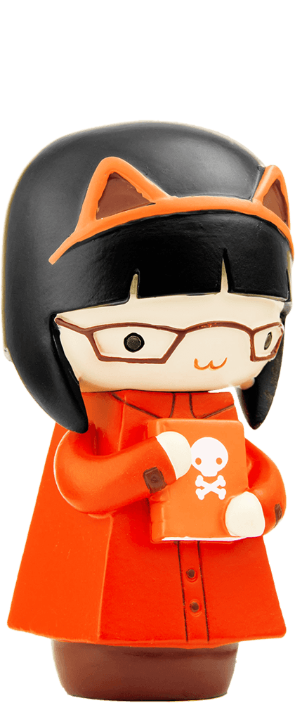 Clarice Momiji doll with glasses, cat ears, red coat, holding a red book with a white skull on the cover. — Momiji doll