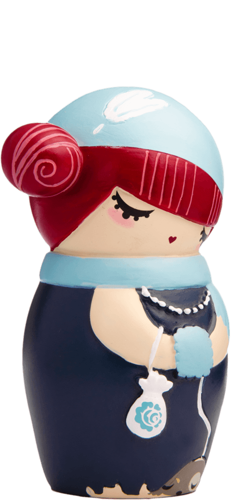 Billie D Momiji doll with red hair, blue accents, closed eyes, and a floral pouch; collectible with hidden message inside. — Momiji doll
