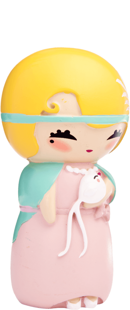 Anny O Momiji doll with yellow hair, pink dress, teal cape, and holding a tiny white cat. Collectible kawaii character. — Momiji doll