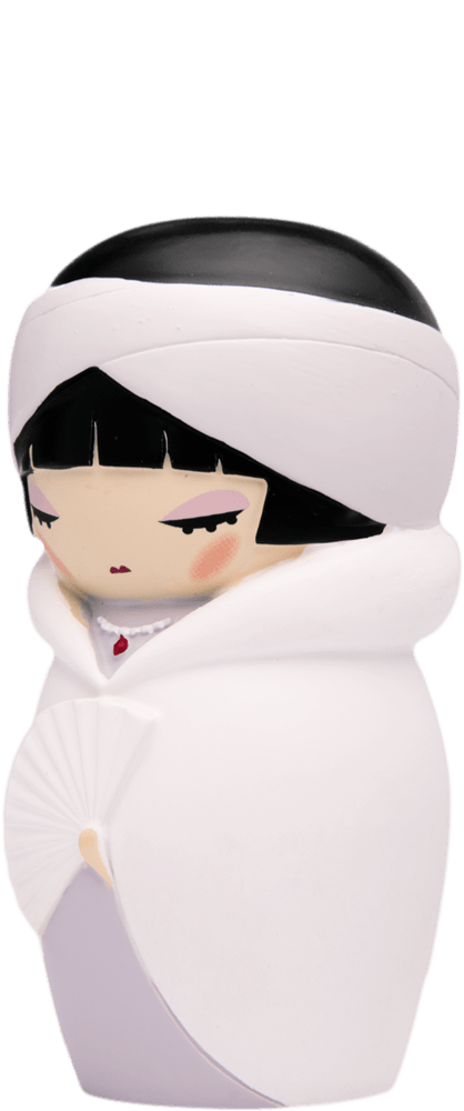 Louise B Momiji doll with black hair, white headwrap, and fan. Collectible kawaii character with space for a secret message. — Momiji doll