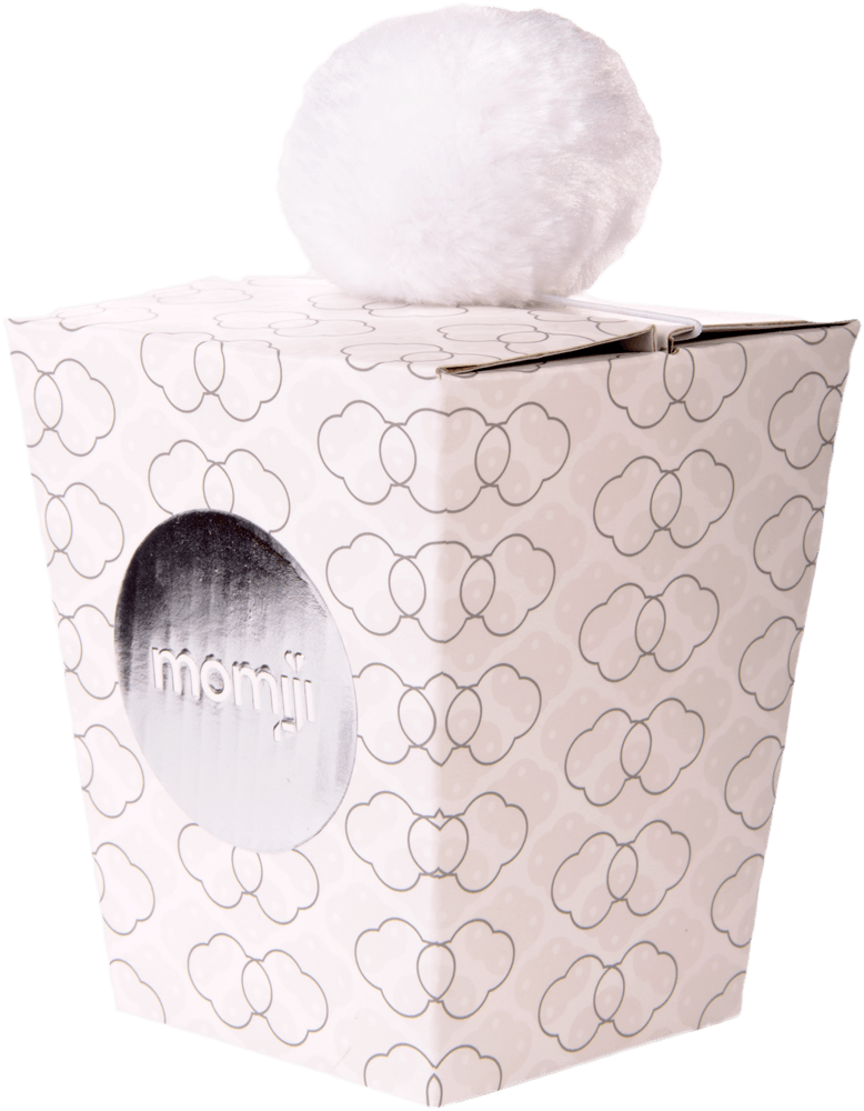 White patterned box with pom-pom and silver "momiji" circle—a cute Louise B Momiji doll keepsake, perfect for gifting. — Momiji doll