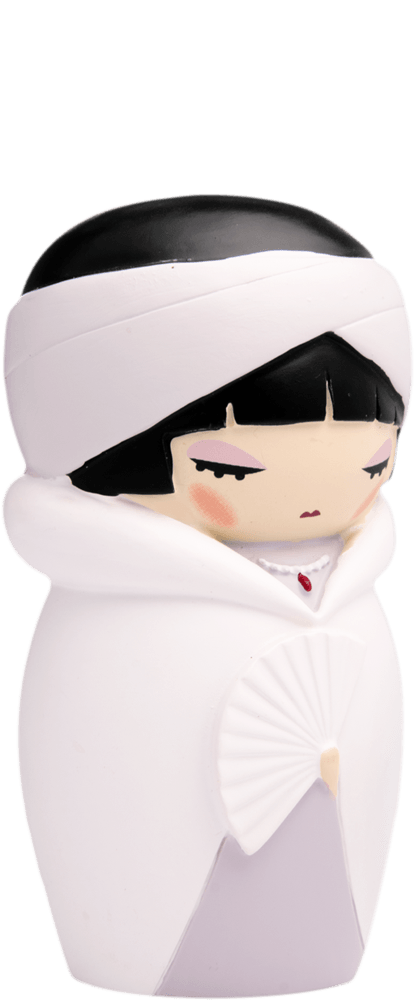 Louise B Momiji doll with black hair, white head wrap, and white fan; a cute collectible character hiding a secret message inside. — Momiji doll