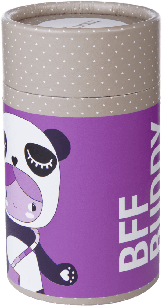 Cylindrical collectible box featuring BFF Buddy Momiji doll, a cute panda girl, on a purple lid with playful dotted pattern. — Momiji doll