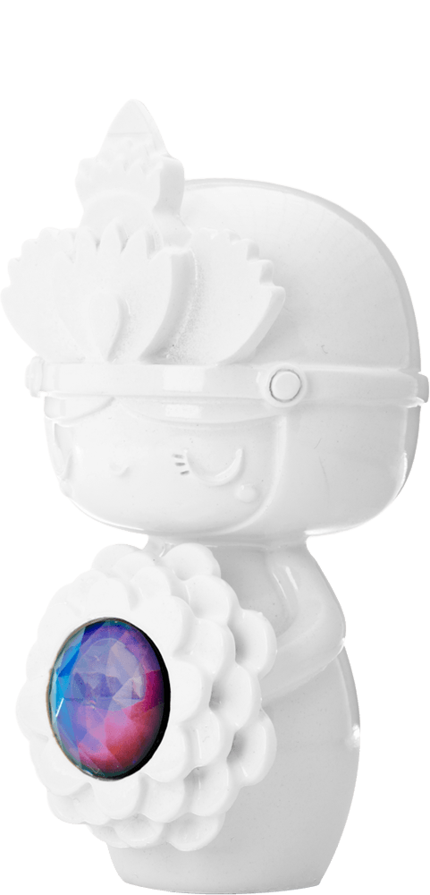 Luna Momiji doll holds a flower with a large multicolored gem, set against a simple background. — Momiji doll