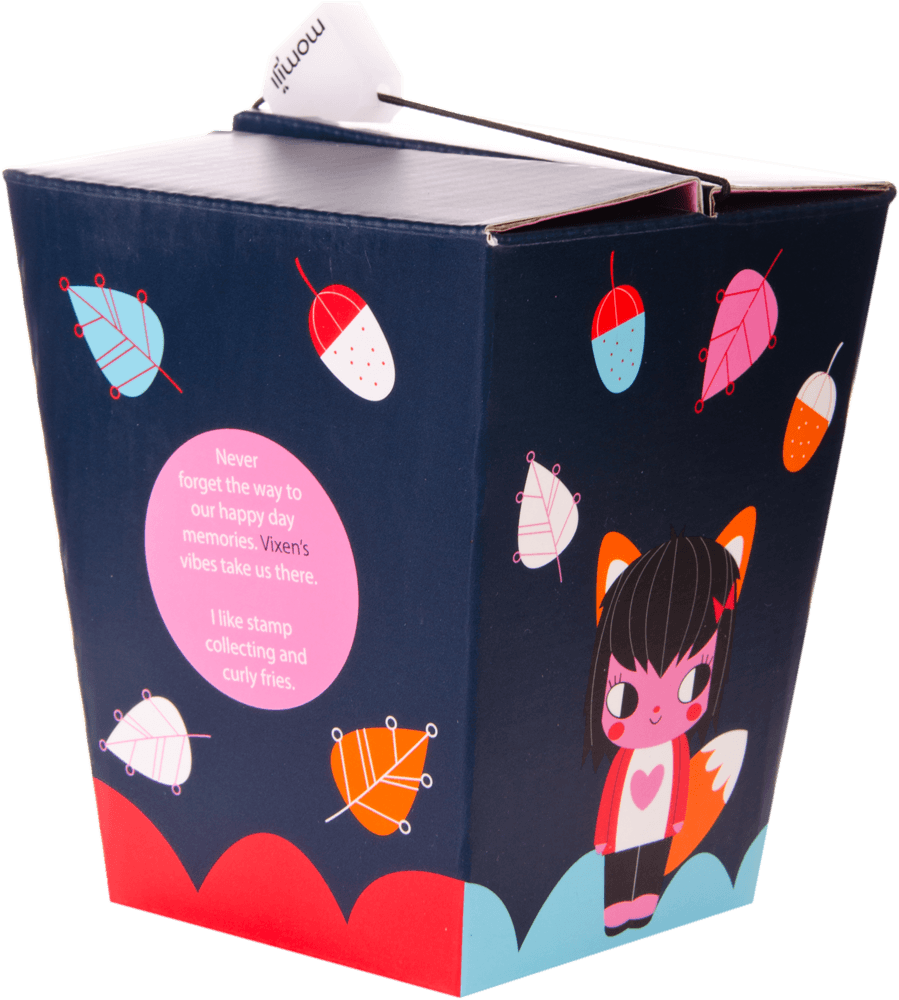 Vixen Momiji doll on navy takeout box, cute with colorful leaves and pink circle that says "happy memories. — Momiji doll