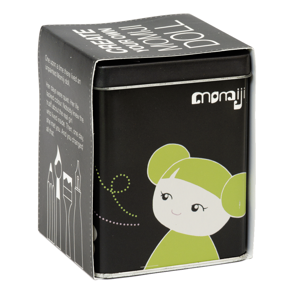 Papillon Momiji doll in a black box, unpainted with green hair, comes with art supplies for customizing your own kawaii character. — Momiji doll
