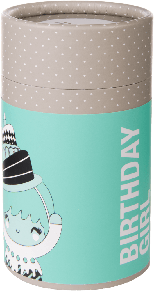 'Cylindrical Birthday Girl gift box with a Momiji doll in a party hat, set against a teal background.'. — Momiji doll