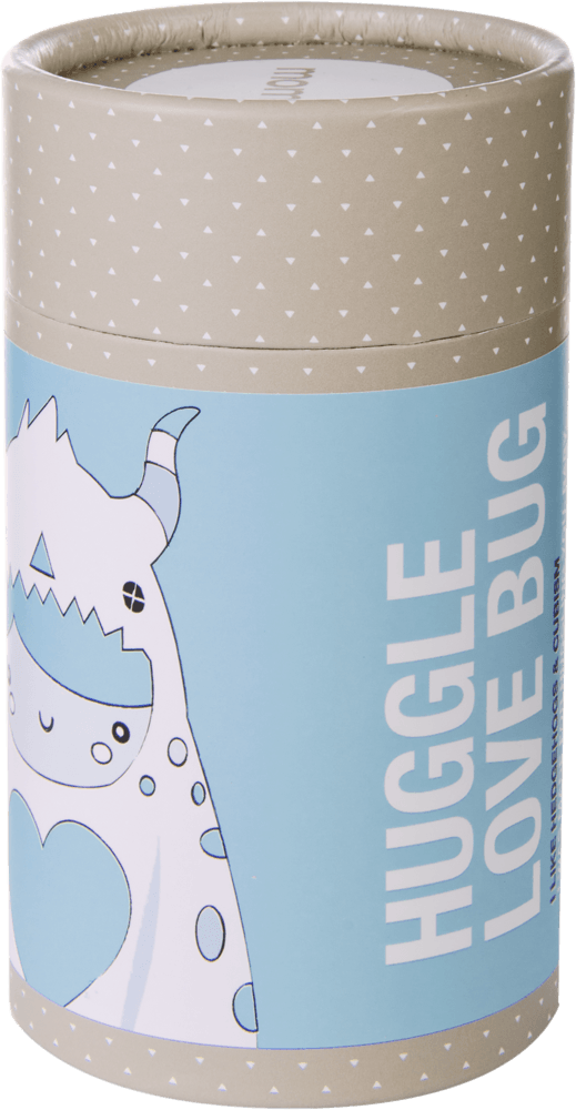 Huggle Love Bug Momiji doll gift in a colorful cylindrical container featuring a cute cartoon monster, hiding a secret message inside. — Momiji doll