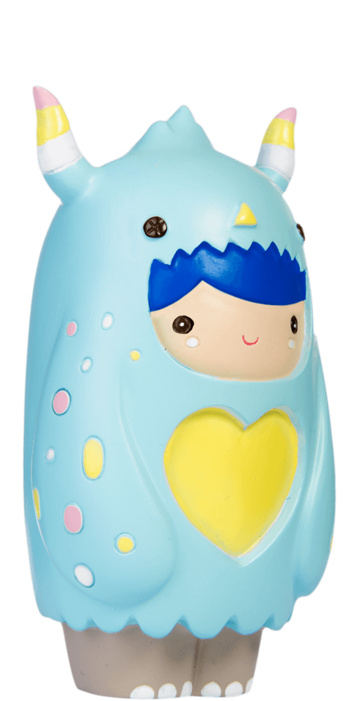 Huggle Love Bug Momiji doll: kawaii kid in blue monster suit with horns, yellow heart, and bright spots. — Momiji doll