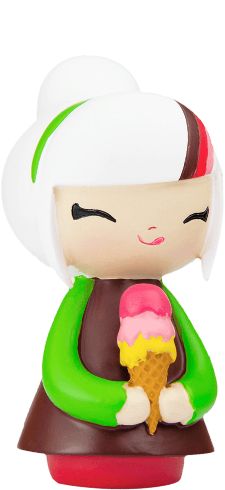 Best Friends: Momiji doll with white hair, green sleeves, holding a pink and yellow ice cream cone. Collector vinyl figure. — Momiji doll