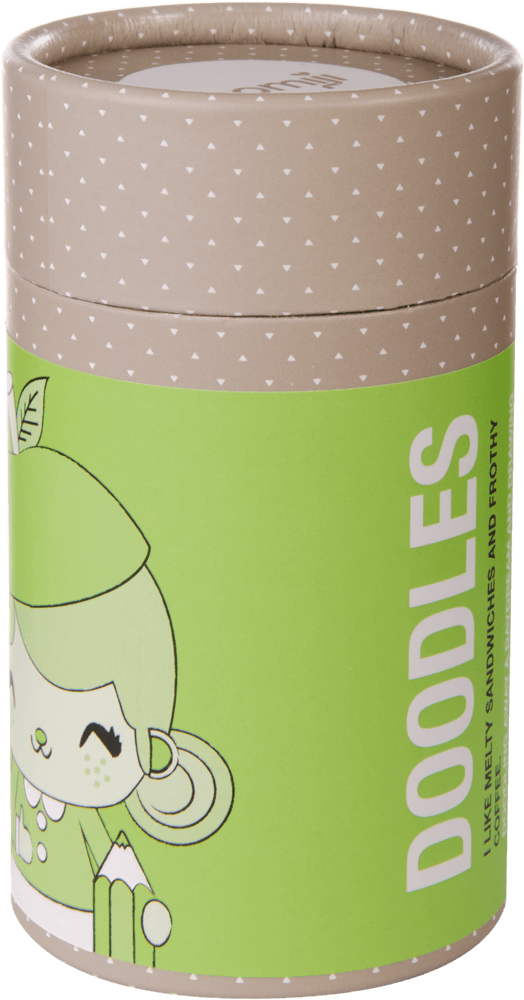 A kawaii Momiji doll named Doodles, green and beige, with a dotted pattern and cute cartoon face, hides a secret message inside. — Momiji doll