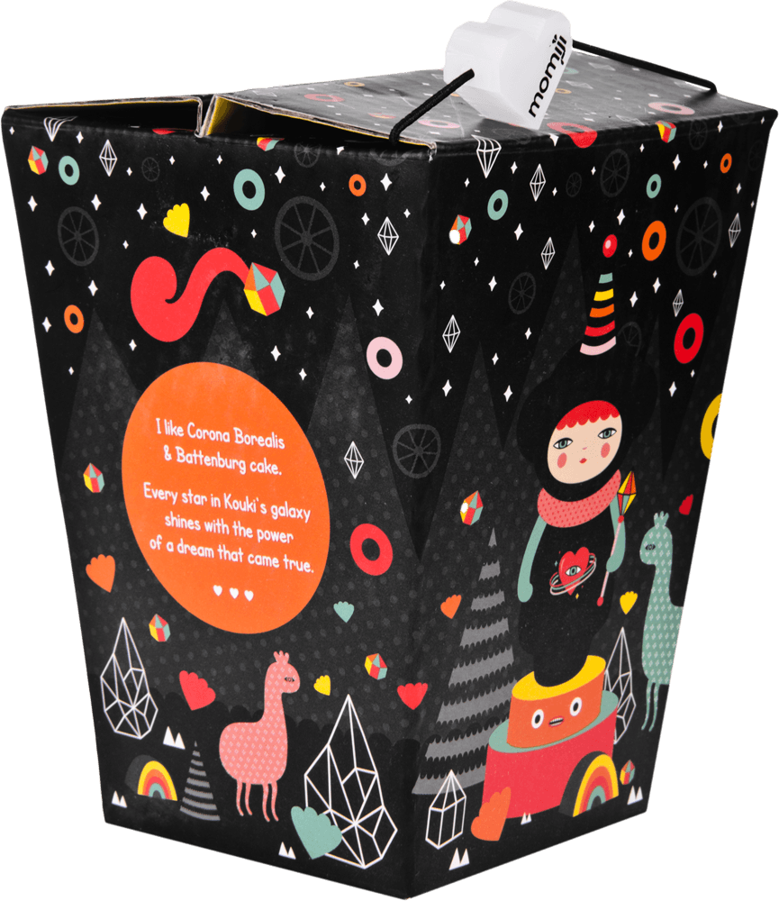 Kouki Momiji doll box: black takeout packaging with playful art of Kouki, animals, and rainbows. Collectible keepsake. — Momiji doll