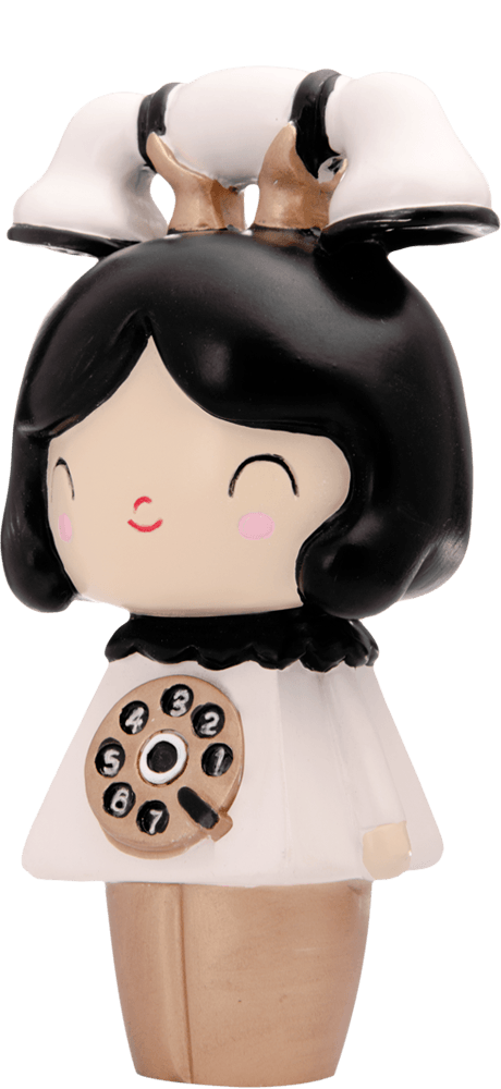Chatty Momiji doll with black hair, rotary dial body, vintage phone receiver—kawaii collectible hiding a secret message. — Momiji doll