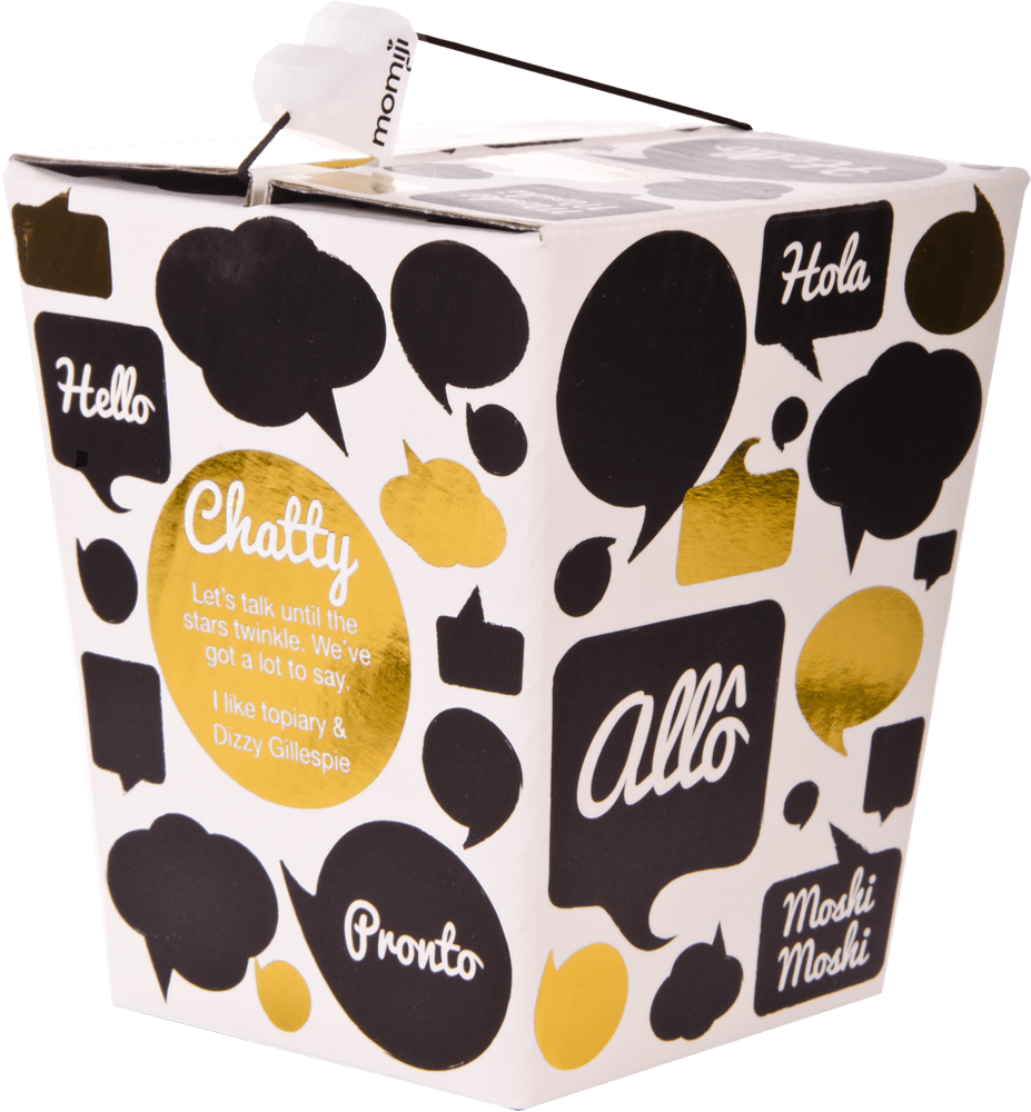 Chatty Momiji doll: white takeout box with black and gold speech bubbles, perfect for gifting or storing your Momiji doll. — Momiji doll