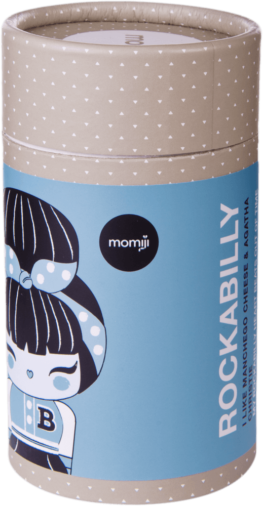 Momiji doll Rockabilly box shows a kawaii character in blue and beige, inspired by Tokyo and Seoul street style. — Momiji doll
