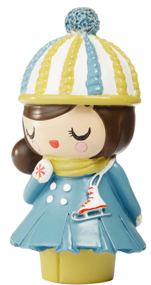 Winter Wonderland Momiji doll in blue coat, striped hat, holding mitten and ice skate with snowflake detail. — Momiji doll