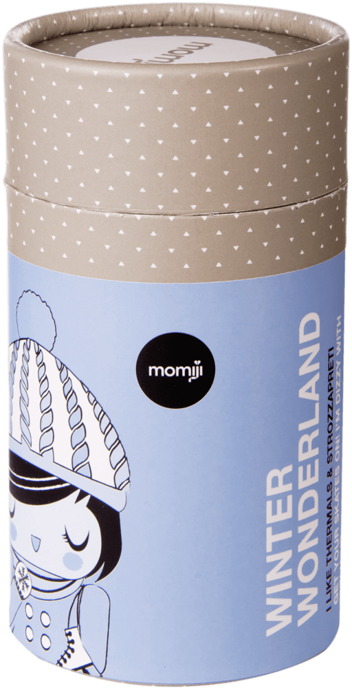 Winter Wonderland Momiji doll gift box featuring a cute character and dotted beige lid, perfect for gifting or collecting. — Momiji doll