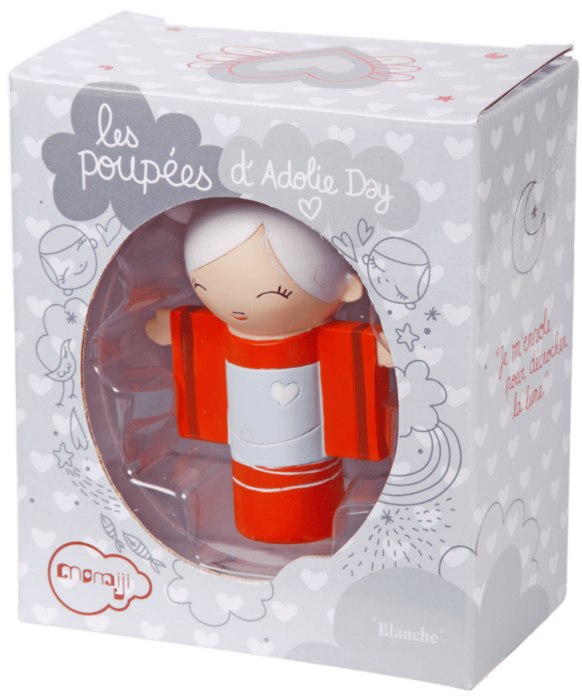 Blanche Momiji doll in a red outfit with white hearts, displayed in a box labeled les poupées d’Adolie Day. — Momiji doll