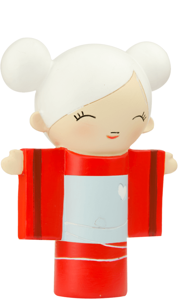 Blanche Momiji doll with white hair in buns, arms outstretched and eyes closed; a kawaii collectible with hidden message. — Momiji doll