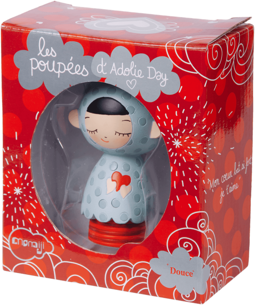 Douce Momiji doll boxed, in a blue kawaii outfit with heart pattern; collectible character with secret message inside. — Momiji doll