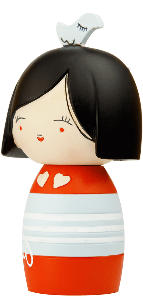 Piou Chou Momiji doll with black hair, red dress with white hearts, and a blue bird sitting on top of its head. — Momiji doll