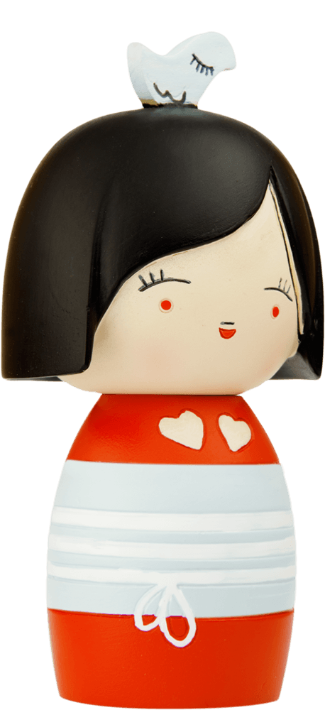Piou Chou Momiji doll with black hair, red and white outfit, and a white bird on its head; collectible and kawaii. — Momiji doll
