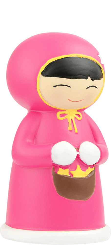 Twinkle Momiji doll wears a pink hood, smiles, and holds a basket filled with yellow stars. Kawaii collectible character. — Momiji doll