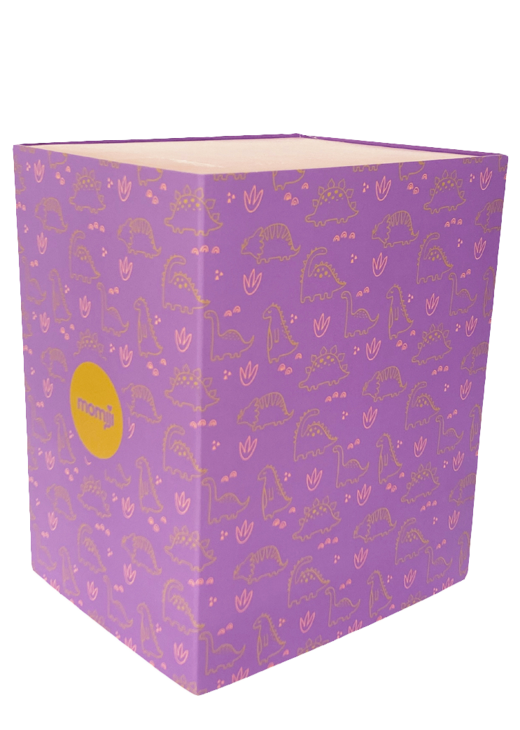 Purple box featuring pink dinosaur and plant art, yellow Momiji logo; contains 13cm Roarsome Momiji doll collectible gift inside. — Momiji doll