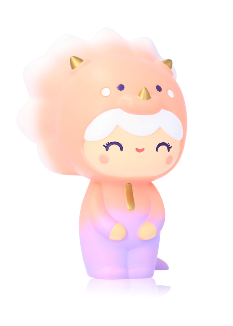 Roarsome Momiji doll, 13cm, in a peach dinosaur costume with white hair and a smiling face; collectible with secret message. — Momiji doll