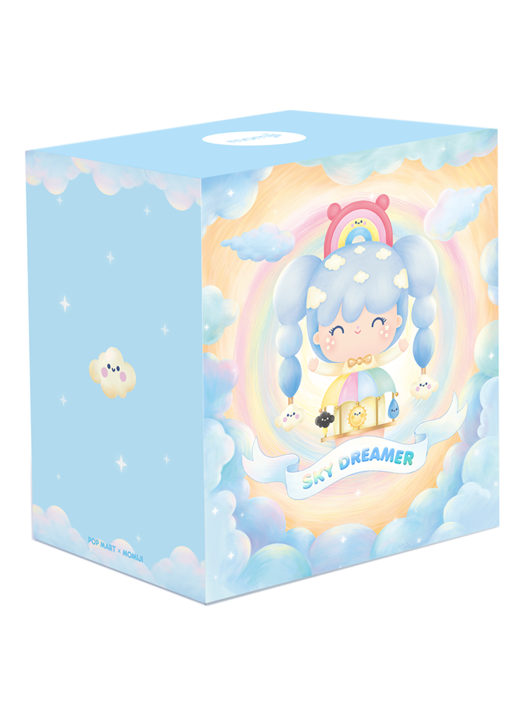 A pastel box shows Sky Dreamer Momiji doll with clouds, a rainbow, and dreamy Pop Mart-inspired sky details. — Momiji doll